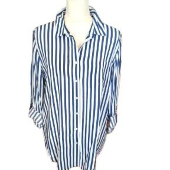 Jane and Delancey Long Sleeve Navy Blue and White Stripes Shirt in Size Large - Picture 1 of 6